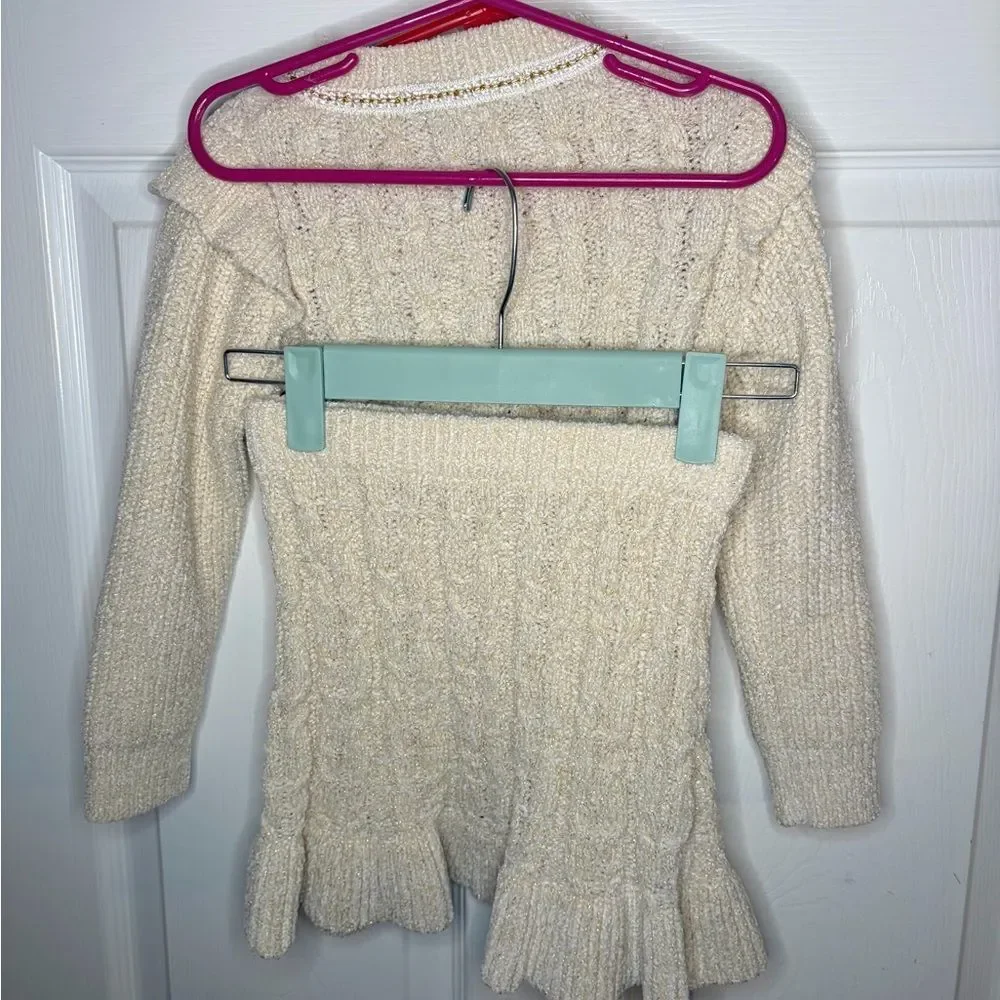 Badgley Mischka Cream Cable Knit Pearl Button Gold Metallic Sweater Set Girl 3T